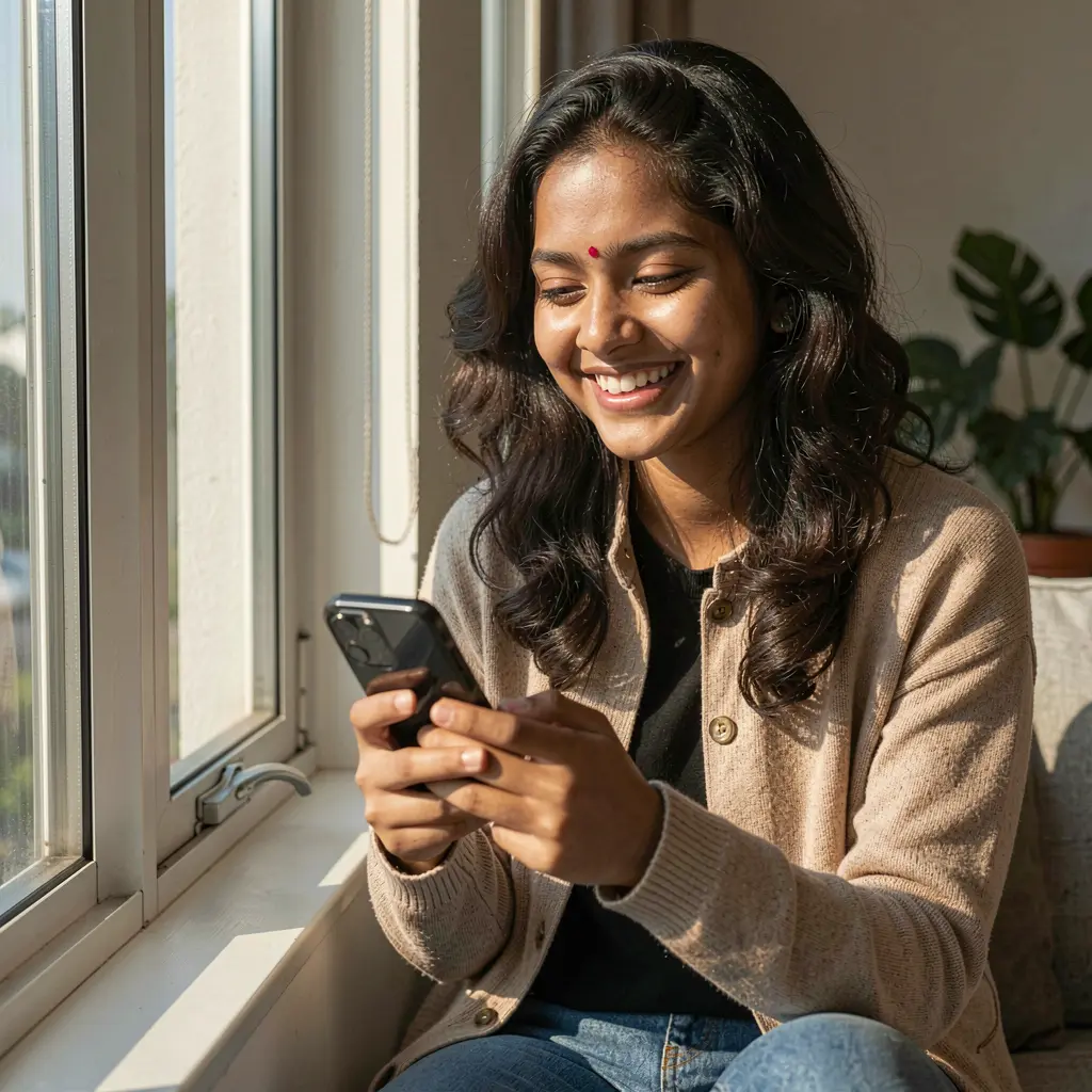 Stylish Bangladeshi woman enjoying the QQ777 mobile casino app while relaxing by a sunlit window with a warm and happy mood